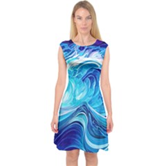 Tsunami Waves Ocean Sea Nautical Nature Abstract Blue Water Capsleeve Midi Dress by Jancukart