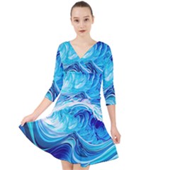 Tsunami Waves Ocean Sea Nautical Nature Abstract Blue Water Quarter Sleeve Front Wrap Dress