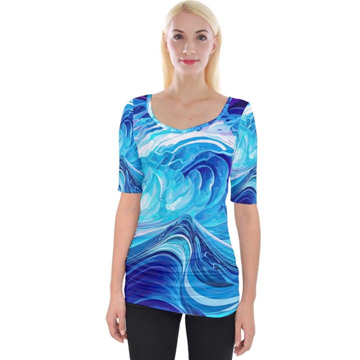 Tsunami Waves Ocean Sea Nautical Nature Abstract Blue Water Wide Neckline Tee