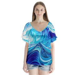 Tsunami Waves Ocean Sea Nautical Nature Abstract Blue Water V-neck Flutter Sleeve Top by Jancukart