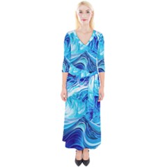 Tsunami Waves Ocean Sea Nautical Nature Abstract Blue Water Quarter Sleeve Wrap Maxi Dress