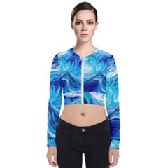 Tsunami Waves Ocean Sea Nautical Nature Abstract Blue Water Long Sleeve Zip Up Bomber Jacket