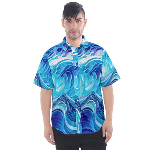 Tsunami Waves Ocean Sea Nautical Nature Abstract Blue Water Men s Short Sleeve Shirt by Jancukart