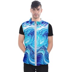 Tsunami Waves Ocean Sea Nautical Nature Abstract Blue Water Men s Puffer Vest