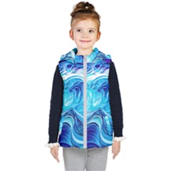 Tsunami Waves Ocean Sea Nautical Nature Abstract Blue Water Kids  Hooded Puffer Vest