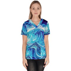 Tsunami Waves Ocean Sea Nautical Nature Abstract Blue Water Women s V-neck Scrub Top