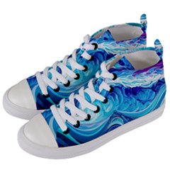 Tsunami Waves Ocean Sea Nautical Nature Abstract Blue Water Women s Mid-top Canvas Sneakers