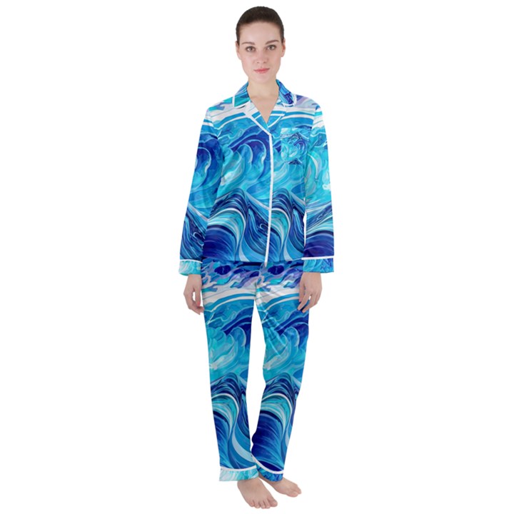 Tsunami Waves Ocean Sea Nautical Nature Abstract Blue Water Women s Long Sleeve Satin Pajamas Set	