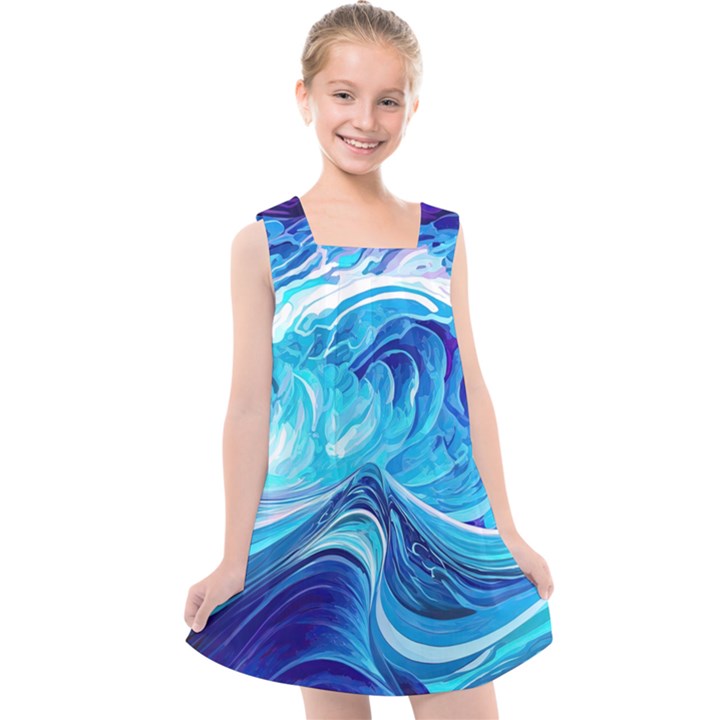 Tsunami Waves Ocean Sea Nautical Nature Abstract Blue Water Kids  Cross Back Dress