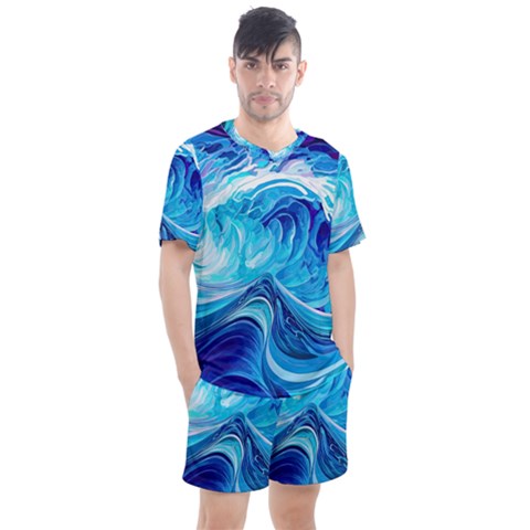 Tsunami Waves Ocean Sea Nautical Nature Abstract Blue Water Men s Mesh Tee And Shorts Set by Jancukart