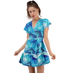 Tsunami Waves Ocean Sea Nautical Nature Abstract Blue Water Flutter Sleeve Wrap Dress