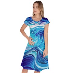 Tsunami Waves Ocean Sea Nautical Nature Abstract Blue Water Classic Short Sleeve Dress by Jancukart