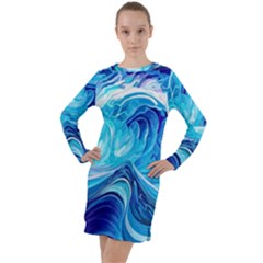 Tsunami Waves Ocean Sea Nautical Nature Abstract Blue Water Long Sleeve Hoodie Dress