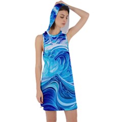 Tsunami Waves Ocean Sea Nautical Nature Abstract Blue Water Racer Back Hoodie Dress by Jancukart