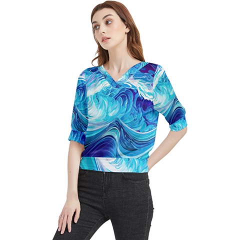 Tsunami Waves Ocean Sea Nautical Nature Abstract Blue Water Quarter Sleeve Blouse by Jancukart