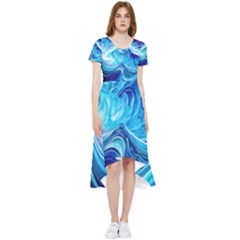 Tsunami Waves Ocean Sea Nautical Nature Abstract Blue Water High Low Boho Dress