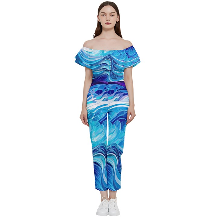 Tsunami Waves Ocean Sea Nautical Nature Abstract Blue Water Off Shoulder Ruffle Top Jumpsuit