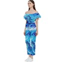 Tsunami Waves Ocean Sea Nautical Nature Abstract Blue Water Off Shoulder Ruffle Top Jumpsuit View2