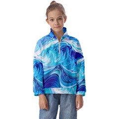 Tsunami Waves Ocean Sea Nautical Nature Abstract Blue Water Kids  Half Zip Hoodie