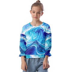 Tsunami Waves Ocean Sea Nautical Nature Abstract Blue Water Kids  Cuff Sleeve Top