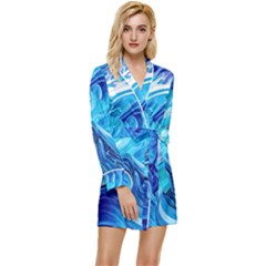 Tsunami Waves Ocean Sea Nautical Nature Abstract Blue Water Long Sleeve Satin Robe by Jancukart