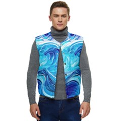 Tsunami Waves Ocean Sea Nautical Nature Abstract Blue Water Men s Short Button Up Puffer Vest	