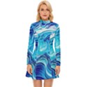 Tsunami Waves Ocean Sea Nautical Nature Abstract Blue Water Long Sleeve Velour Longline Dress View1