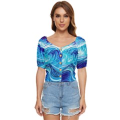 Tsunami Waves Ocean Sea Nautical Nature Abstract Blue Water Button Up Blouse