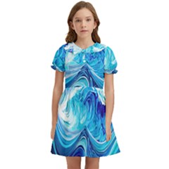 Tsunami Waves Ocean Sea Nautical Nature Abstract Blue Water Kids  Bow Tie Puff Sleeve Dress by Jancukart