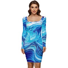 Tsunami Waves Ocean Sea Nautical Nature Abstract Blue Water Women Long Sleeve Ruched Stretch Jersey Dress by Jancukart