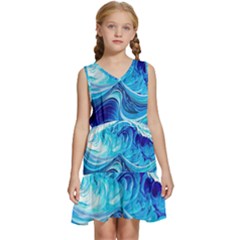 Tsunami Waves Ocean Sea Nautical Nature Abstract Blue Water Kids  Sleeveless Tiered Mini Dress by Jancukart