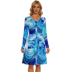 Tsunami Waves Ocean Sea Nautical Nature Abstract Blue Water Long Sleeve Dress With Pocket by Jancukart