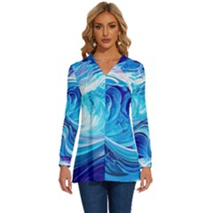 Tsunami Waves Ocean Sea Nautical Nature Abstract Blue Water Long Sleeve Drawstring Hooded Top