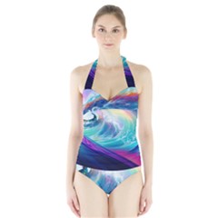 Waves Ocean Sea Tsunami Nautical Nature Water Halter Swimsuit by Jancukart