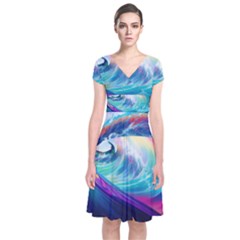 Waves Ocean Sea Tsunami Nautical Nature Water Short Sleeve Front Wrap Dress