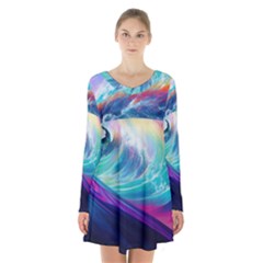 Waves Ocean Sea Tsunami Nautical Nature Water Long Sleeve Velvet V-neck Dress