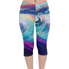 Waves Ocean Sea Tsunami Nautical Nature Water Velvet Capri Leggings  by Jancukart