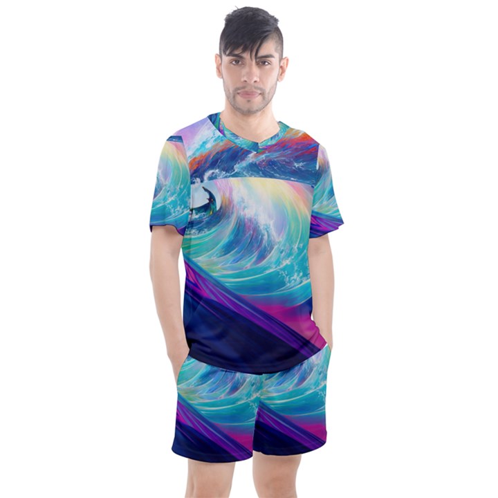 Waves Ocean Sea Tsunami Nautical Nature Water Men s Mesh Tee and Shorts Set