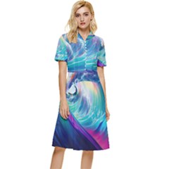 Waves Ocean Sea Tsunami Nautical Nature Water Button Top Knee Length Dress