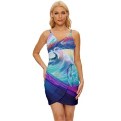 Waves Ocean Sea Tsunami Nautical Nature Water Wrap Tie Front Dress by Jancukart