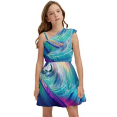 Waves Ocean Sea Tsunami Nautical Nature Water Kids  One Shoulder Party Dress by Jancukart