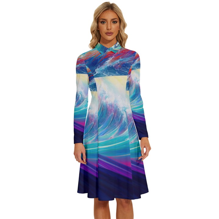 Waves Ocean Sea Tsunami Nautical Nature Water Long Sleeve Shirt Collar A-Line Dress