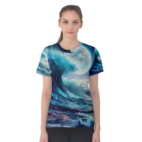 Tsunami Waves Ocean Sea Nautical Nature Water 4 Women s Cotton Tee by Jancukart