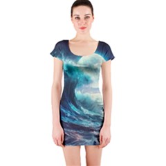 Tsunami Waves Ocean Sea Nautical Nature Water 4 Short Sleeve Bodycon Dress by Jancukart