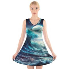 Tsunami Waves Ocean Sea Nautical Nature Water 4 V-neck Sleeveless Dress