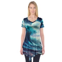 Tsunami Waves Ocean Sea Nautical Nature Water 4 Short Sleeve Tunic  by Jancukart