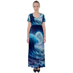 Tsunami Waves Ocean Sea Nautical Nature Water 4 High Waist Short Sleeve Maxi Dress by Jancukart