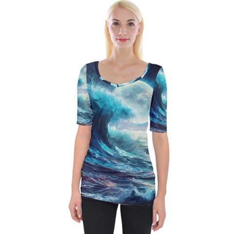 Tsunami Waves Ocean Sea Nautical Nature Water 4 Wide Neckline Tee by Jancukart