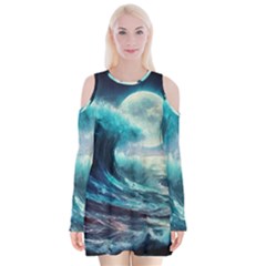 Tsunami Waves Ocean Sea Nautical Nature Water 4 Velvet Long Sleeve Shoulder Cutout Dress