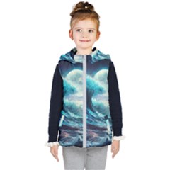 Tsunami Waves Ocean Sea Nautical Nature Water 4 Kids  Hooded Puffer Vest